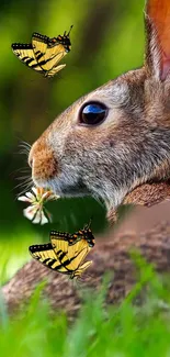 A close-up of a rabbit with butterflies in a lush green setting.