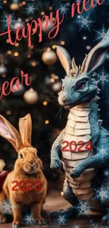 Dragon and rabbit festive wallpaper for 2023-2024 New Year celebration.