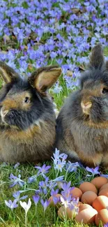 Two fluffy rabbits in purple flower meadow.