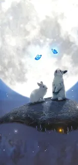 Two rabbits on a rock under a full moon with glowing butterflies.