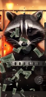 Raccoon behind bars with floating money in a sunset-toned art design.