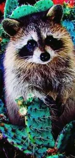 Raccoon surrounded by vibrant green cacti in a colorful scene.