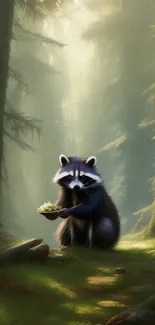 Raccoon in a sunlit forest holding a dish.