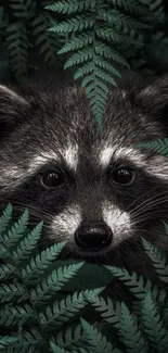 Raccoon peeking through green fern leaves in lush forest.