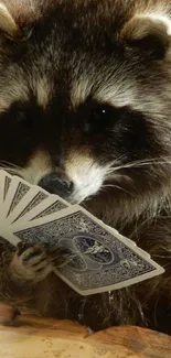 Adorable racoon intently holding playing cards, creating a whimsical and charming scene.