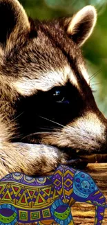 Close-up of raccoon with colorful elephant design.