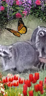 Raccoons in a floral garden with vibrant blooms and a butterfly.