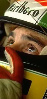 Race car driver with focused gaze and helmet in a vibrant portrait.