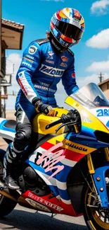 Racer in blue and yellow on a motorcycle, urban backdrop.