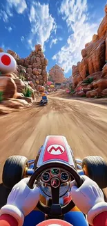 Thrilling kart racing adventure on a rocky track with vibrant scenery.
