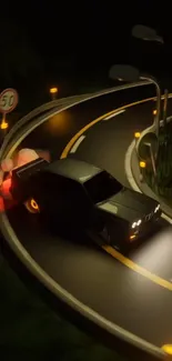 High-speed car drifting at night on a curving road with glowing lights.