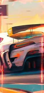 Vibrant digital art of a racing car on track, vivid orange tones.