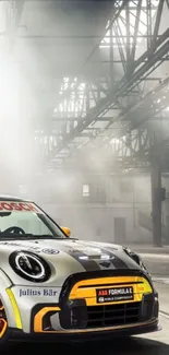 Race car in an industrial warehouse setting, perfect for automotive enthusiasts.