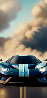 Racing car on road with misty clouds background at sunset.