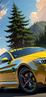 Yellow sports car racing in a mountain landscape.