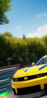 Yellow racing car speeding on a sunny race track.