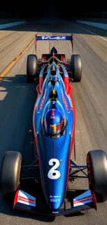 Blue racing car on track, vibrant and dynamic, perfect for mobile wallpaper.