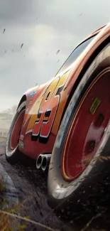 Close-up of a racing car with the number 95, speeding on a wet race track.