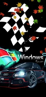 Sleek racing car with Windows 7 theme and checkered flag background.