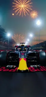 Racing car on track with fireworks exploding in the sky.