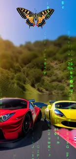 Racing cars with butterfly and digital code overlay.