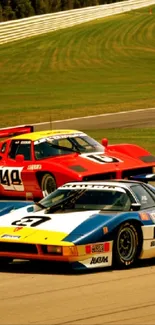 Classic sports cars racing on a vibrant green track.