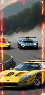 Dynamic scene of vintage racing cars on a curved track in vibrant colors.