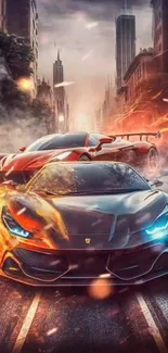 Racing cars speed through fiery urban streets.