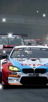 Exciting racing cars on a wet track in dynamic action scene.