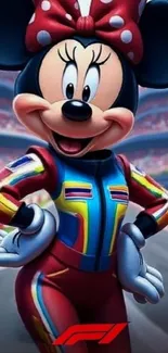 Cartoon character in a colorful racing suit on a track background.
