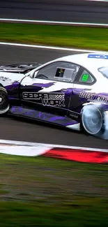 Action-packed drift car on race track.