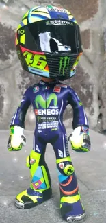 Vibrant racing figure with helmet on gray stone background.