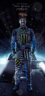 Dynamic image of a racing driver in a vibrant suit, surrounded by race cars.