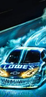 Dynamic neon racing car with blue accents on a dark background.