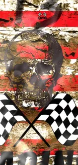 Skull with checkered flags on grunge flag background wallpaper.