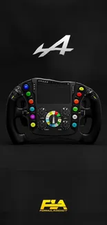 Colorful racing steering wheel on black background wallpaper.