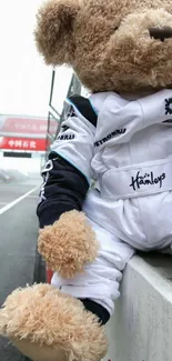 Teddy bear in racing suit on racetrack wall.