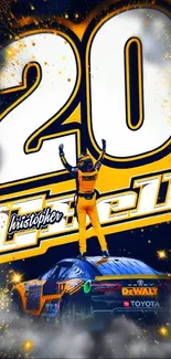 Racer celebrating on car in a dynamic black and gold design.