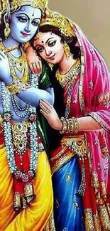 Vibrant artwork of Radha and Krishna with a cow in colorful attire.