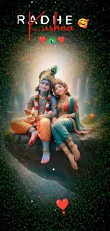 Radha Krishna depicted in vibrant colors, sitting together under a mystical aura with artistic designs.