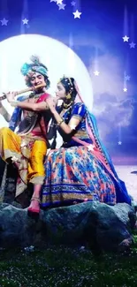 Radha and Krishna HD wallpaper with moonlit backdrop.