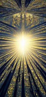 Radiant gold sunburst on dark blue background abstract wallpaper.