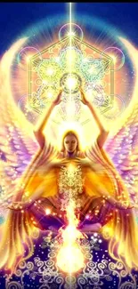 Colorful angelic figure with radiant golden wings and celestial patterns.