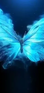 Radiant blue butterfly with glowing wings on a dark background.