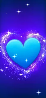 Glowing blue heart with stars on a vibrant background.