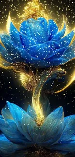 Radiant blue lotus with golden glow on a dark background.