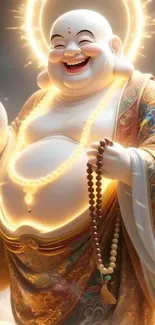 Radiant Buddha statue with glowing aura and peaceful expression.