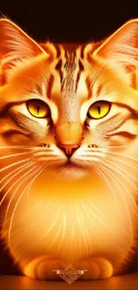 A glowing cat with vibrant golden hues on a mobile phone wallpaper.