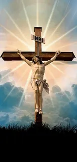 Radiant cross on a hill with sunbeams and clouds background.