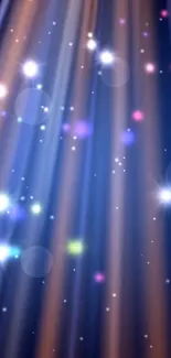 Mobile wallpaper with cosmic light beams and stars on a dark blue background.